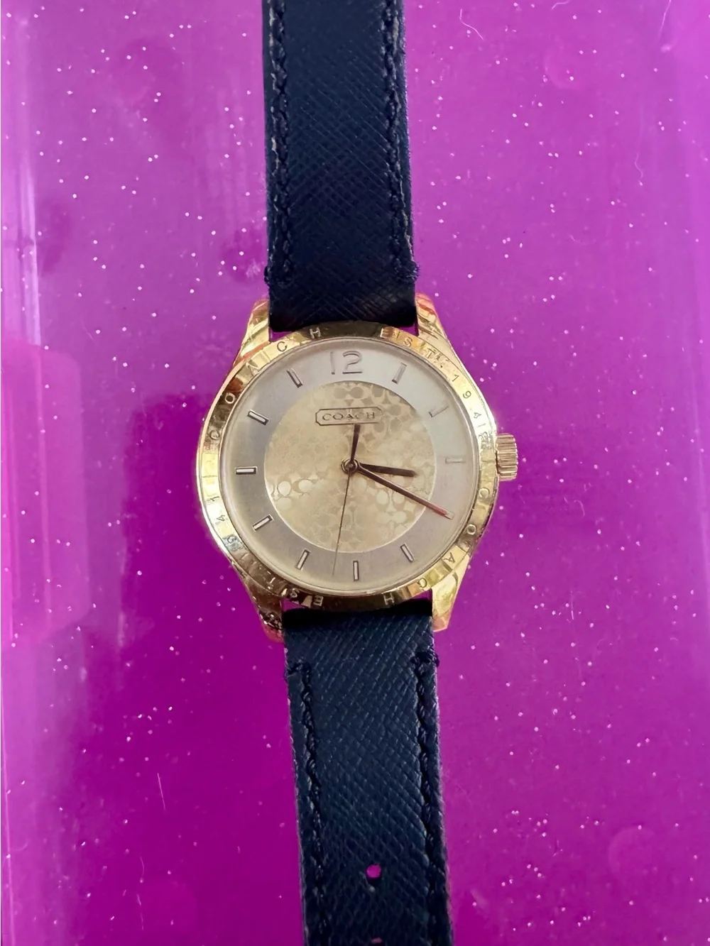 Coach Men's Gold Tone Watch with Black Leather Strap